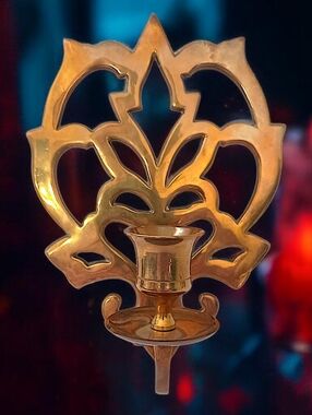 Solid Brass Wall Sconce Single Candle Holder Lotus Flower Open Work Old World